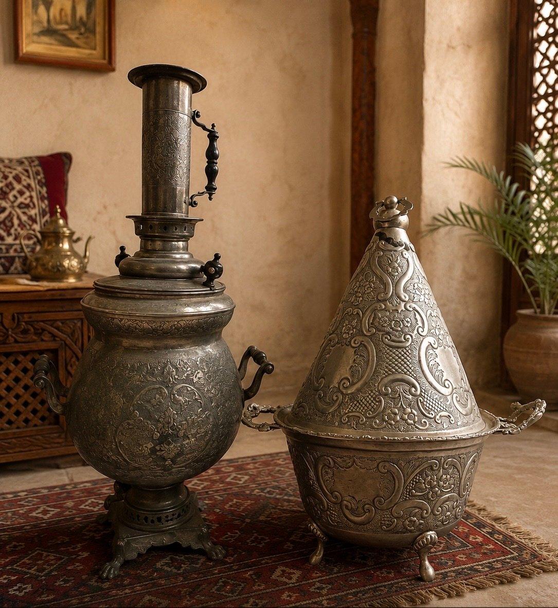 Samovar marocain ancien et marmite conique marocaine